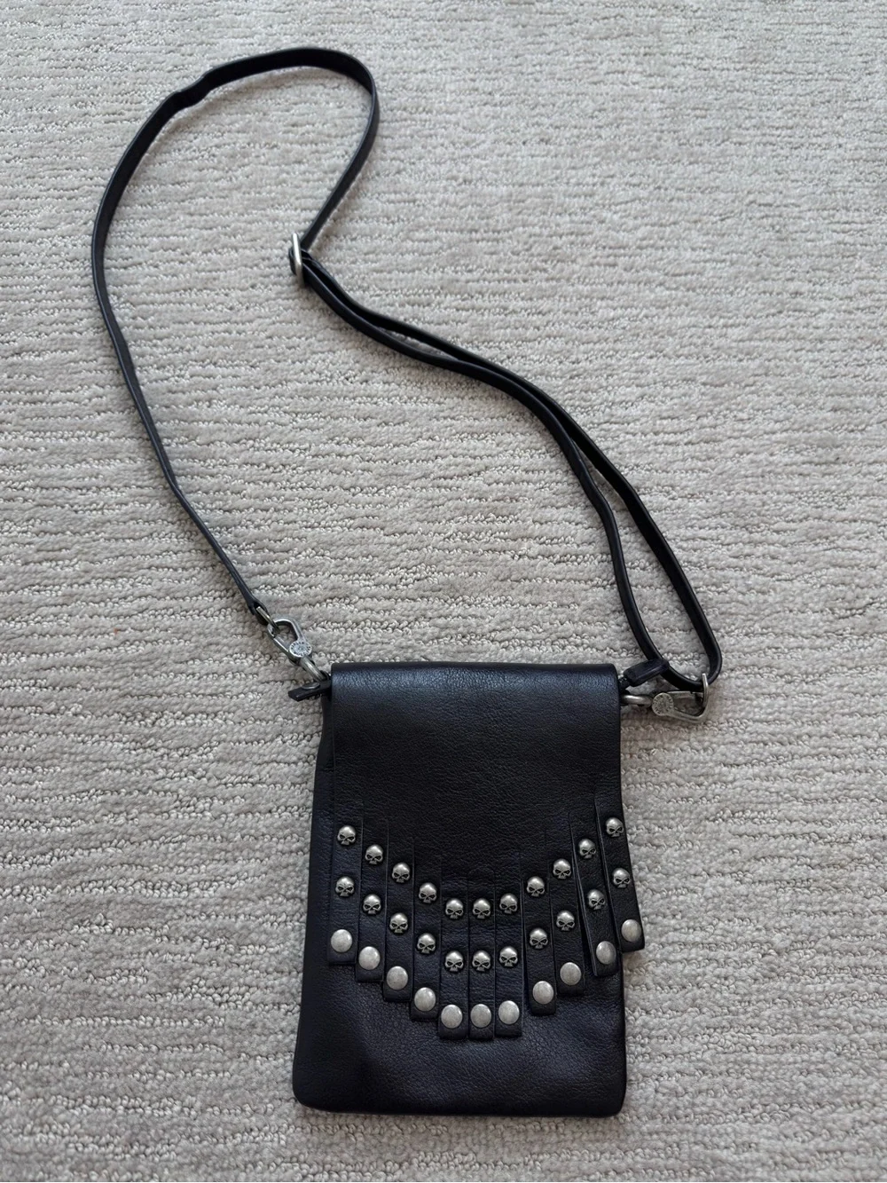 Harley-Davidson Black Leather Skull Fringe Crossbody 5x7” Bag Biker Gothic Rock